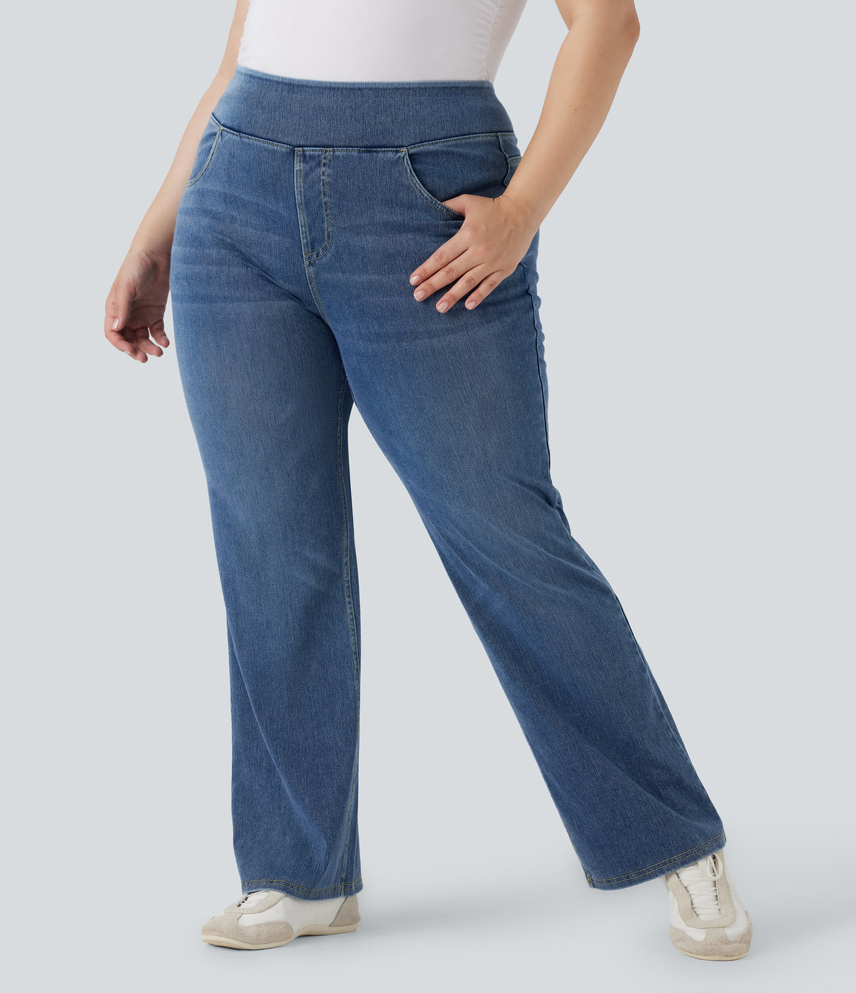 High Waisted Pockets Washed Casual Bootcut Plus Size Jeans — Royal Blue Denim — view 1