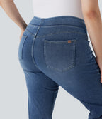 High Waisted Pockets Washed Casual Bootcut Plus Size Jeans — Royal Blue Denim — view 5