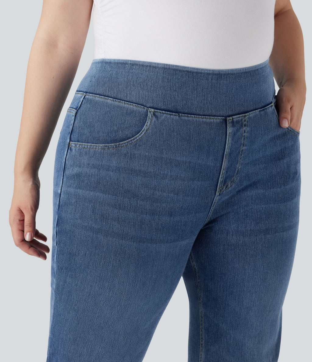 High Waisted Pockets Washed Casual Bootcut Plus Size Jeans — Royal Blue Denim — view 4