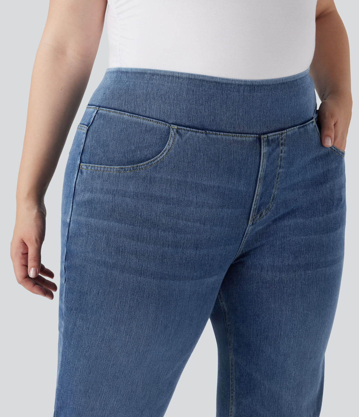 High Waisted Pockets Washed Casual Bootcut Plus Size Jeans — Royal Blue Denim — view 4