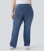 High Waisted Pockets Washed Casual Bootcut Plus Size Jeans — Royal Blue Denim — view 3