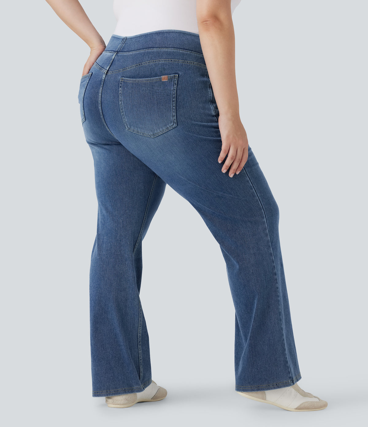 High Waisted Pockets Washed Casual Bootcut Plus Size Jeans — Royal Blue Denim — view 2