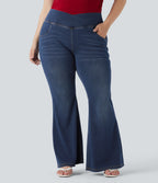 Plus Size High Waisted Crossover Washed Stretchy Knit Casual Flared Jeans with Multiple Pockets — Bright Blue Denim — view 1