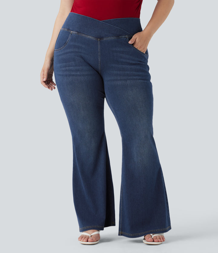 Plus Size High Waisted Crossover Washed Stretchy Knit Casual Flared Jeans with Multiple Pockets — Bright Blue Denim — view 1