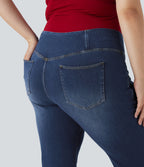 Plus Size High Waisted Crossover Washed Stretchy Knit Casual Flared Jeans with Multiple Pockets — Bright Blue Denim — view 4