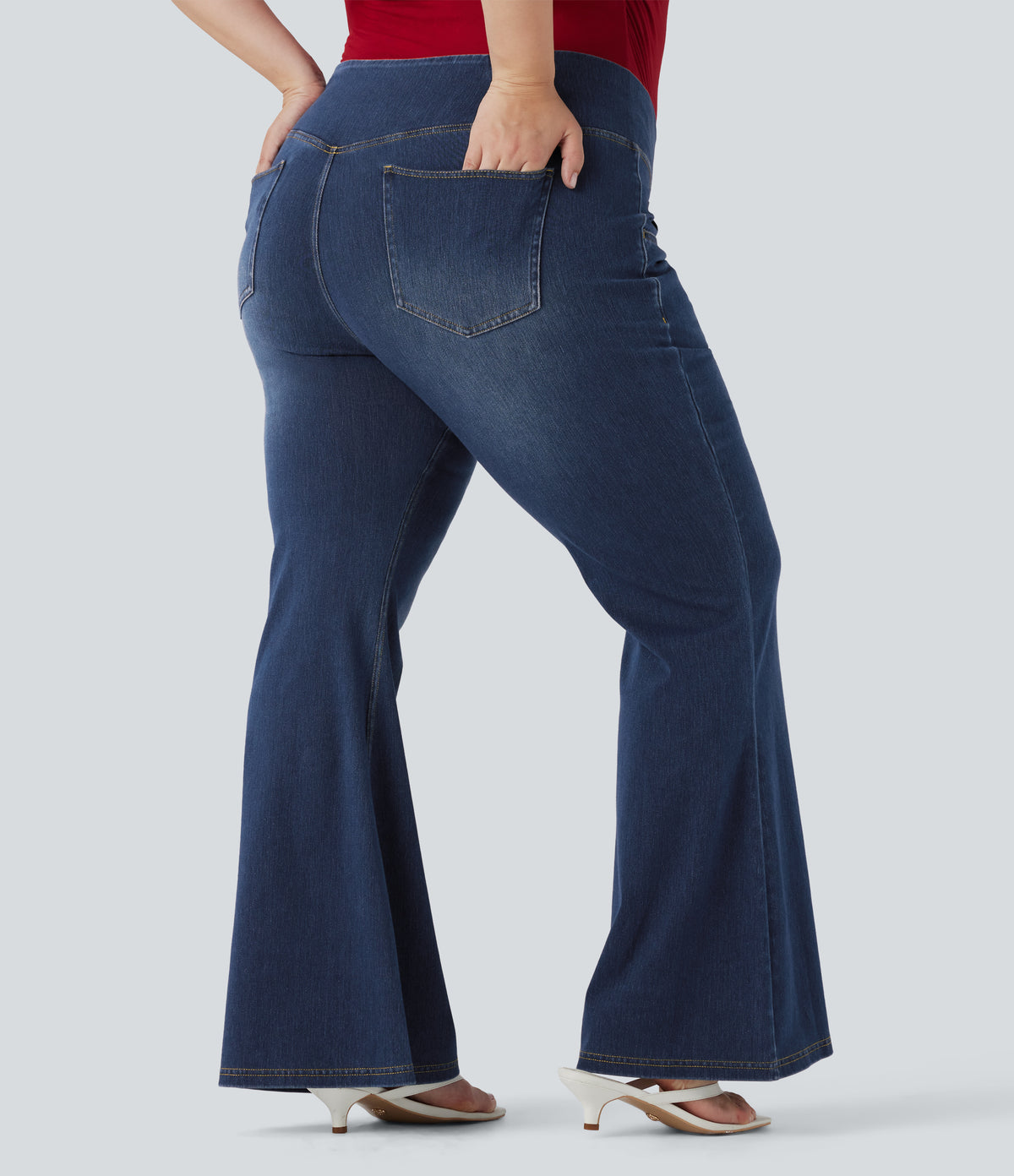 Plus Size High Waisted Crossover Washed Stretchy Knit Casual Flared Jeans with Multiple Pockets — Bright Blue Denim — view 2