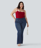 Plus Size High Waisted Crossover Washed Stretchy Knit Casual Flared Jeans with Multiple Pockets — Bright Blue Denim — view 6