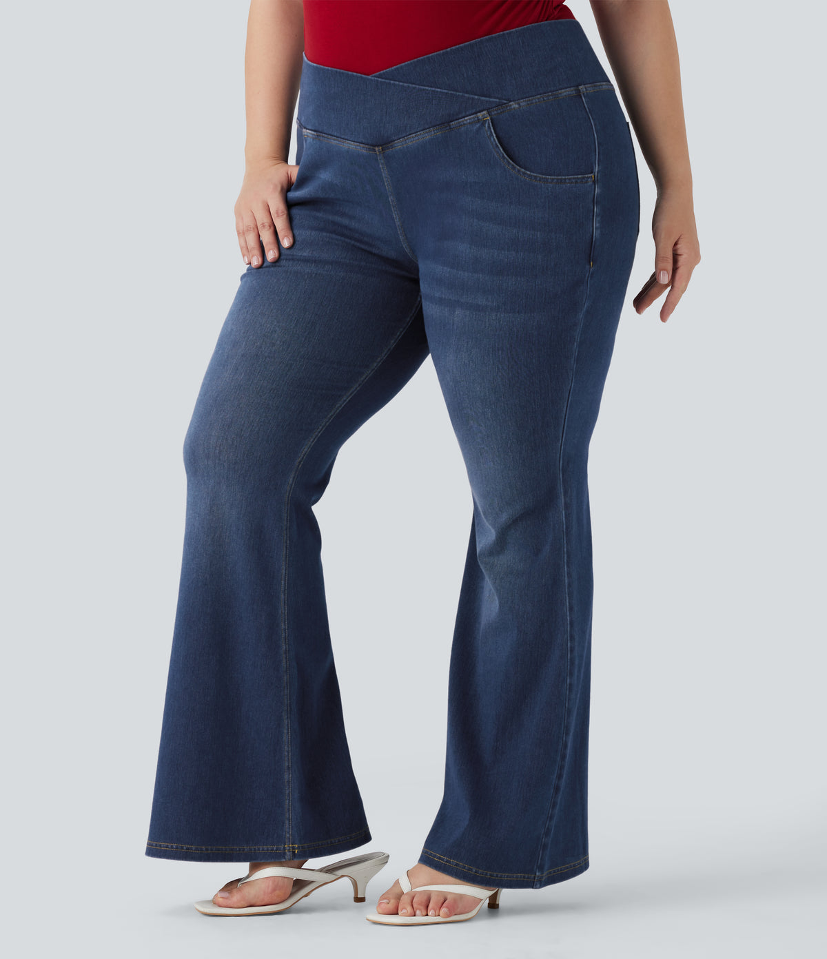 Plus Size High Waisted Crossover Washed Stretchy Knit Casual Flared Jeans with Multiple Pockets — Bright Blue Denim — view 3
