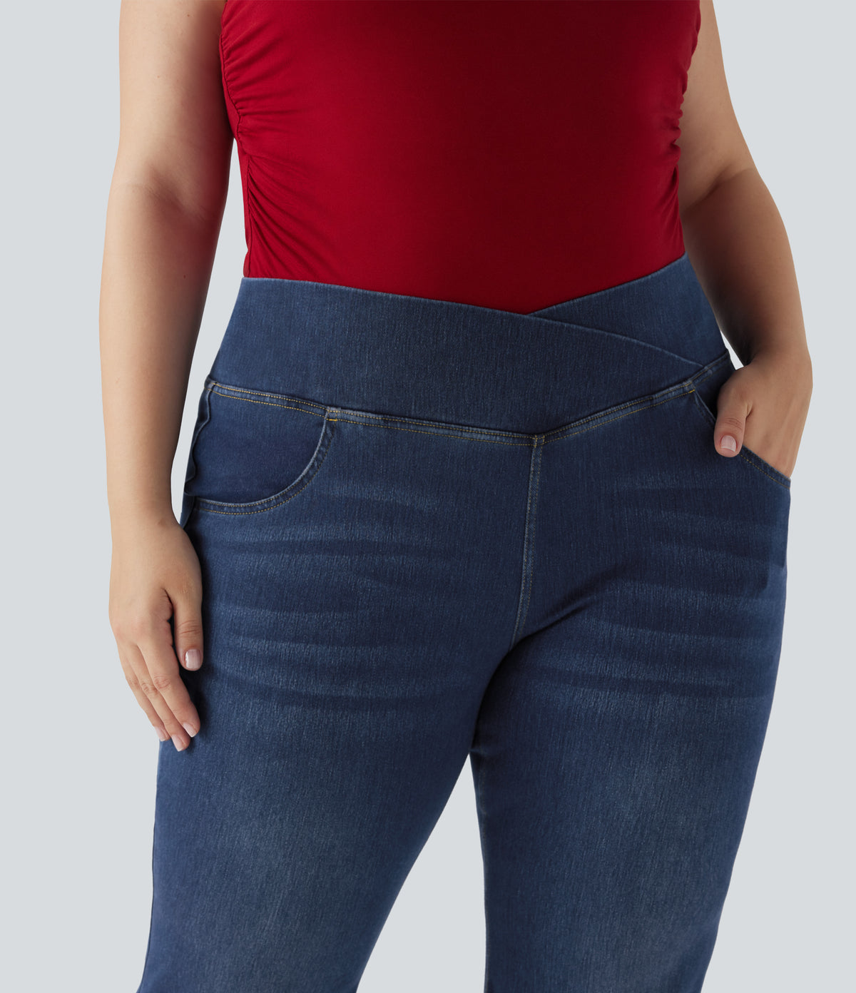 Plus Size High Waisted Crossover Washed Stretchy Knit Casual Flared Jeans with Multiple Pockets — Bright Blue Denim — view 5