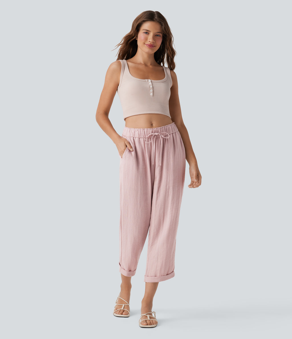 Mid Rise Drawstring Casual Tapered Trousers with Pockets — Potpourri — view 6