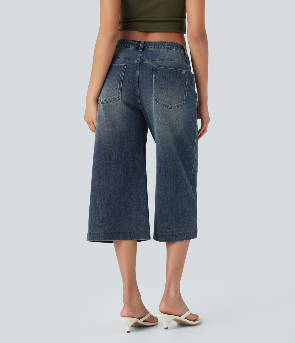 Low Rise Washed Casual Capri Baggy Jeans with Pockets — Blue Surf Denim — view 2
