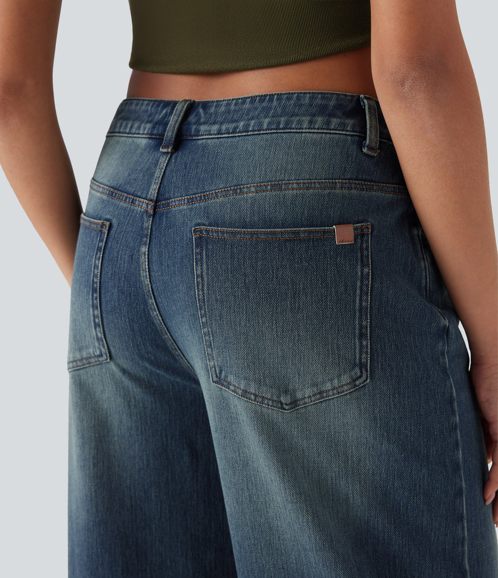 Low Rise Washed Casual Capri Baggy Jeans with Pockets — Blue Surf Denim — view 5
