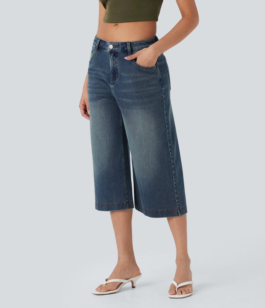 Low Rise Washed Casual Capri Baggy Jeans with Pockets — Blue Surf Denim — view 3