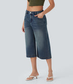 Low Rise Washed Casual Capri Baggy Jeans with Pockets — Blue Surf Denim — view 3