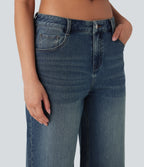 Low Rise Washed Casual Capri Baggy Jeans with Pockets — Blue Surf Denim — view 4