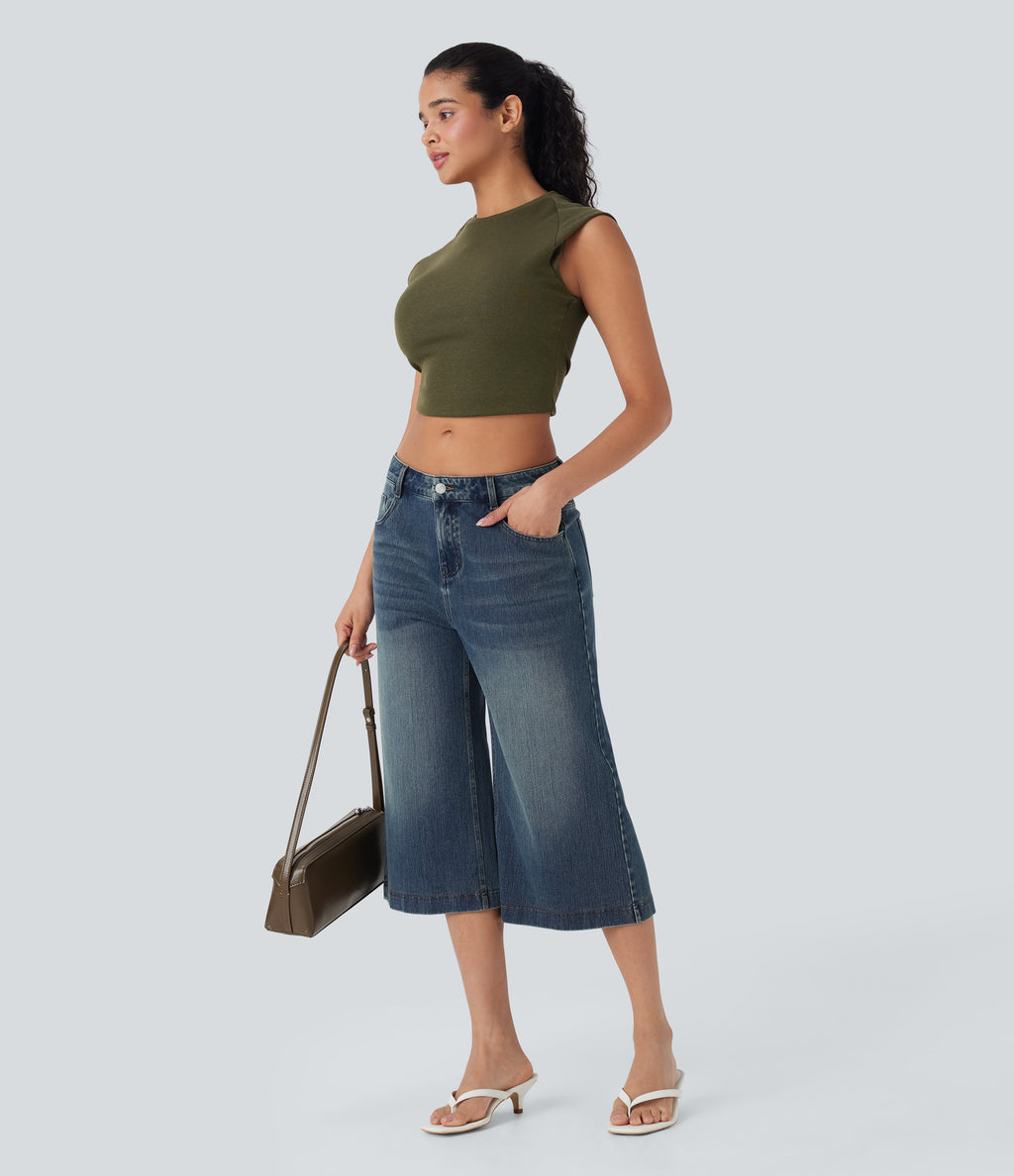 Low Rise Washed Casual Capri Baggy Jeans with Pockets — Blue Surf Denim — view 6