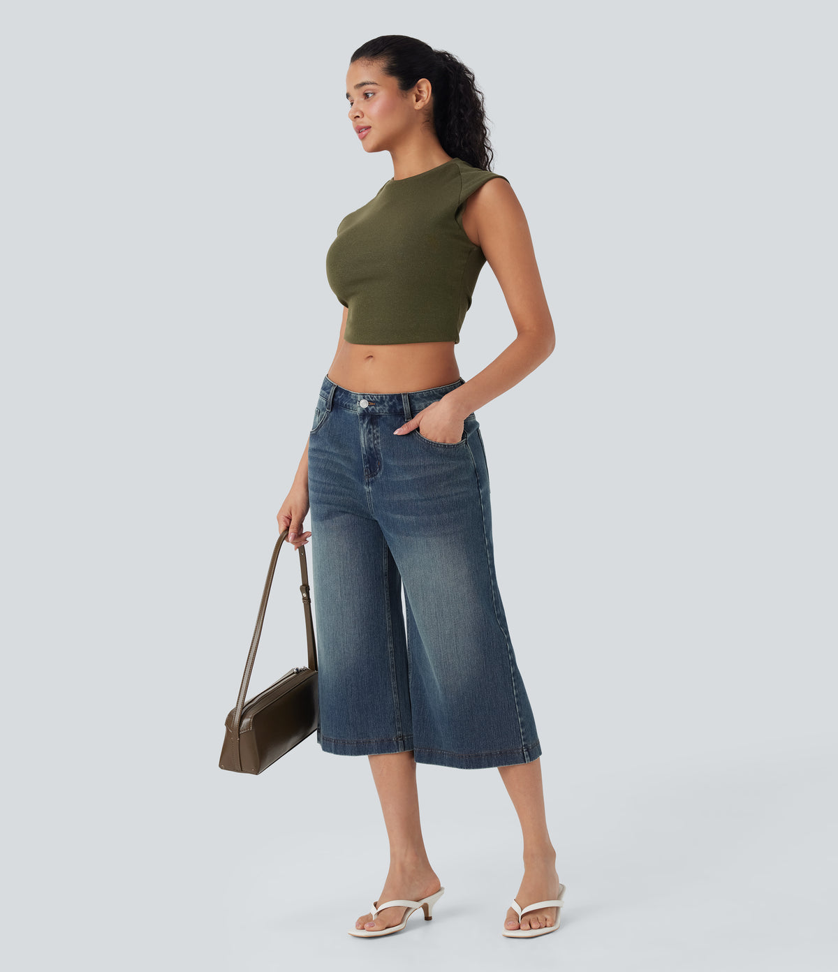 Low Rise Washed Casual Capri Baggy Jeans with Pockets — Blue Surf Denim — view 6