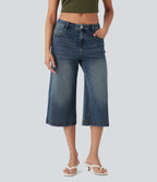 Low Rise Washed Casual Capri Baggy Jeans with Pockets — Blue Surf Denim — view 1