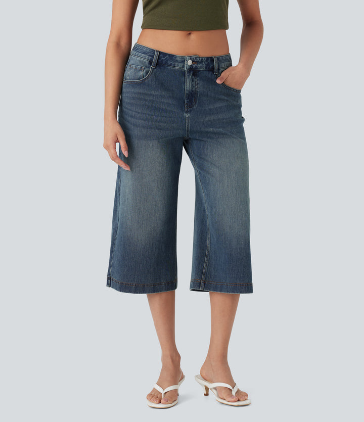 Low Rise Washed Casual Capri Baggy Jeans with Pockets — Blue Surf Denim — view 1
