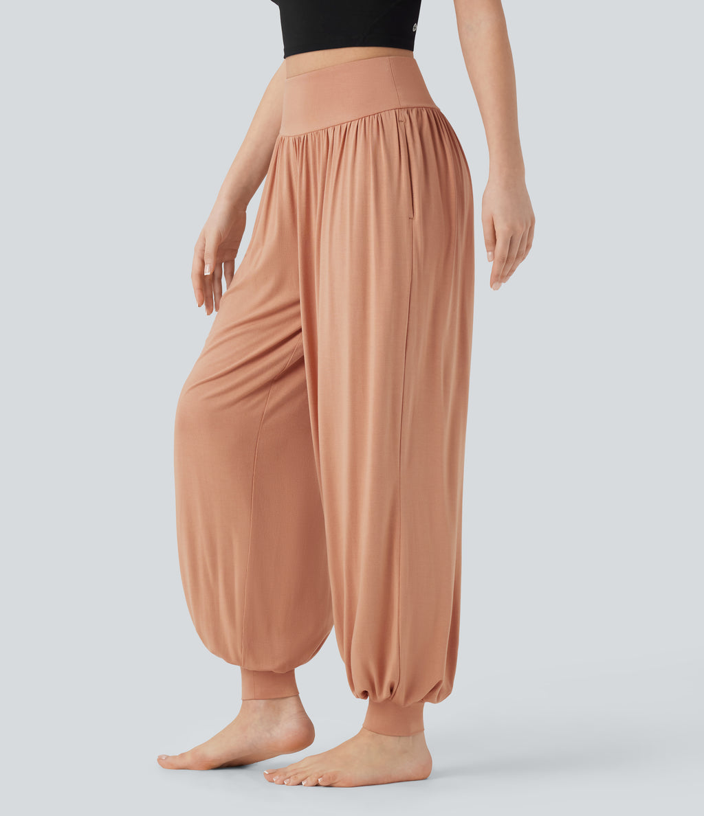 High Waisted Tummy Control Yoga Joggers with Pockets — Peach Bloom — view 3