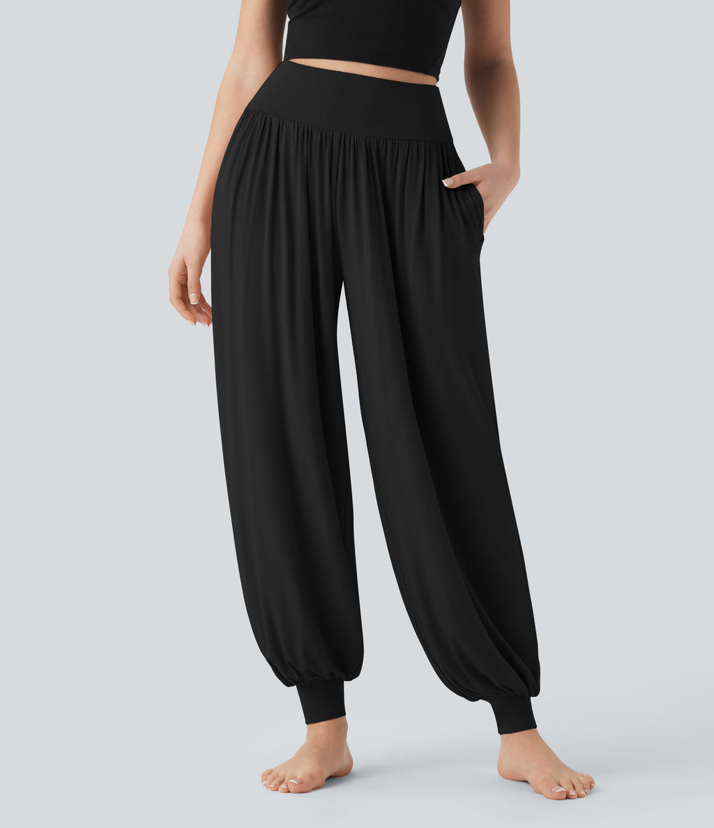 High Waisted Tummy Control Yoga Joggers with Pockets — Black — view 7