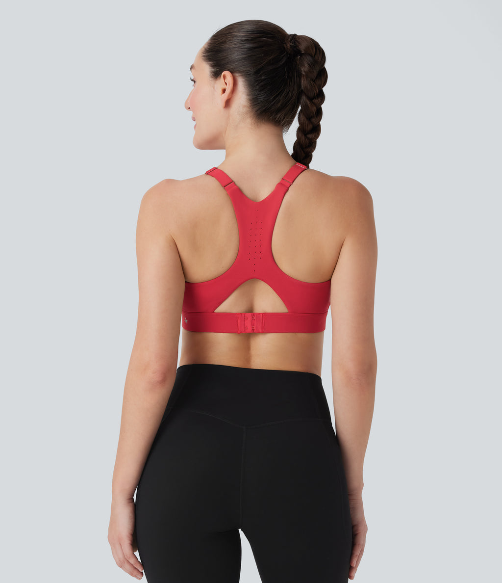 SpeedWave Medium Support Molded Cups Perforated Adjustable Hook Quick Dry Training Sports Bra DD-F Cups — Poinsettia — view 3