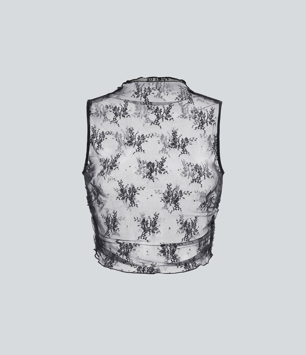 Mock Neck Sleeveless Ruched Cropped Sheer Lace Casual Top — Black — view 7