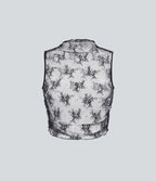 Mock Neck Sleeveless Ruched Cropped Sheer Lace Casual Top — Black — view 7