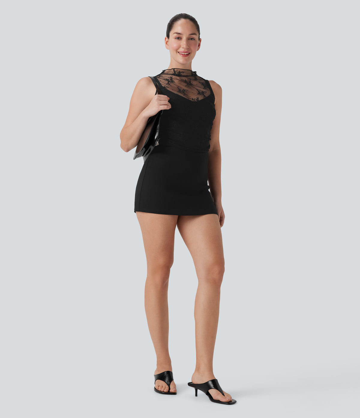 Mock Neck Sleeveless Ruched Cropped Sheer Lace Casual Top — Black — view 6