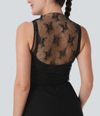 Mock Neck Sleeveless Ruched Cropped Sheer Lace Casual Top — Black — view 5