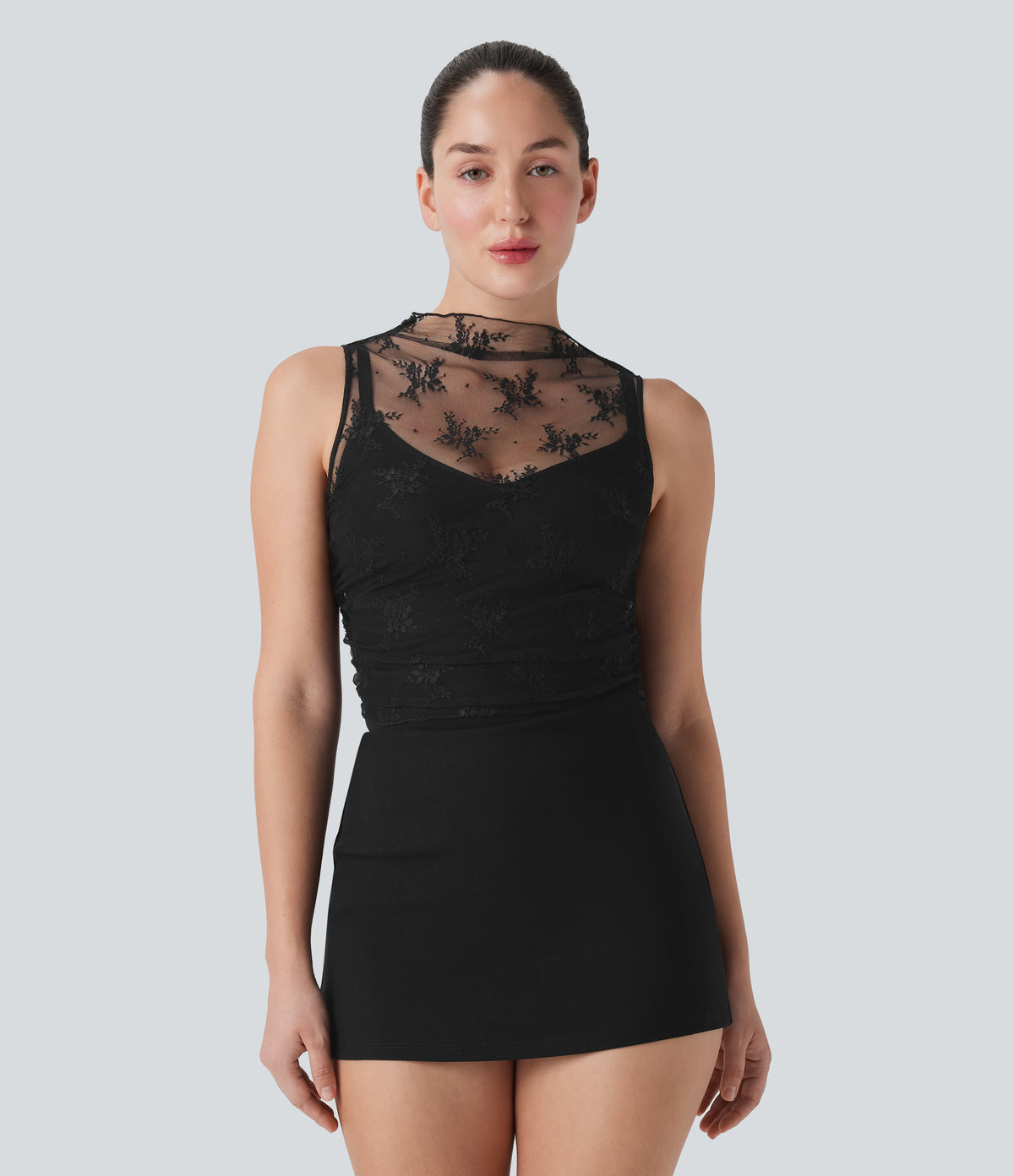 Mock Neck Sleeveless Ruched Cropped Sheer Lace Casual Top — Black — view 1