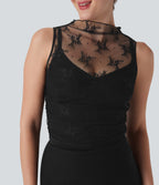 Mock Neck Sleeveless Ruched Cropped Sheer Lace Casual Top — Black — view 4