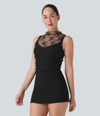 Mock Neck Sleeveless Ruched Cropped Sheer Lace Casual Top — Black — view 3