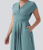 V Neck Short Sleeve Pocket Tie Back Quick Dry Midi Casual Dress — Stone Blue — view 6