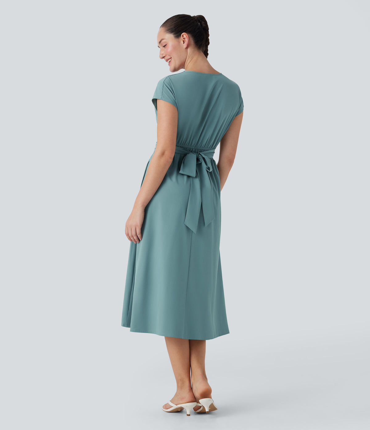 V Neck Short Sleeve Pocket Tie Back Quick Dry Midi Casual Dress — Stone Blue — view 3