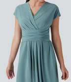 V Neck Short Sleeve Pocket Tie Back Quick Dry Midi Casual Dress — Stone Blue — view 5