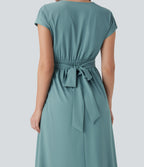 V Neck Short Sleeve Pocket Tie Back Quick Dry Midi Casual Dress — Stone Blue — view 7