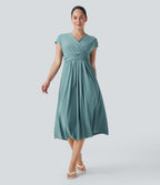 V Neck Short Sleeve Pocket Tie Back Quick Dry Midi Casual Dress — Stone Blue — view 1