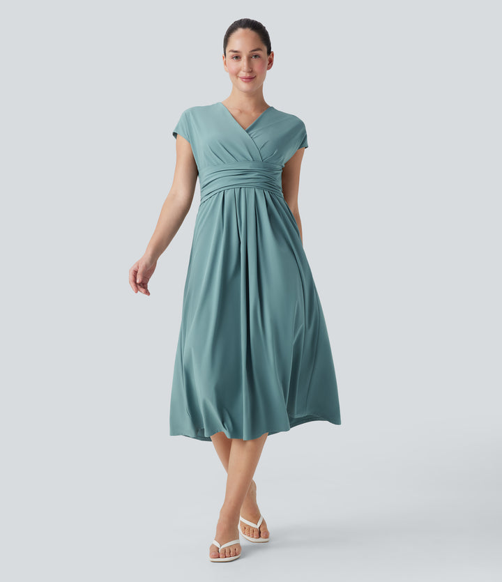 V Neck Short Sleeve Pocket Tie Back Quick Dry Midi Casual Dress — Stone Blue — view 1