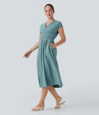 V Neck Short Sleeve Pocket Tie Back Quick Dry Midi Casual Dress — Stone Blue — view 4