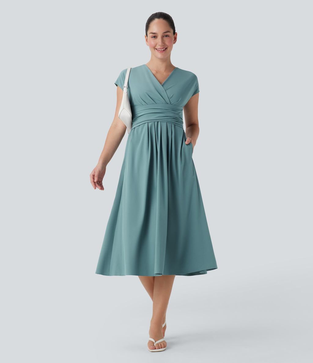 V Neck Short Sleeve Pocket Tie Back Quick Dry Midi Casual Dress — Stone Blue — view 8