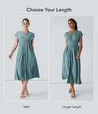 V Neck Short Sleeve Pocket Tie Back Quick Dry Midi Casual Dress — Stone Blue — view 2