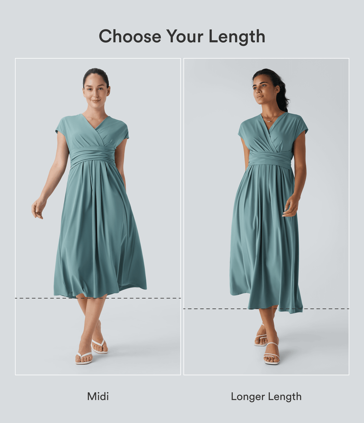 V Neck Short Sleeve Pocket Tie Back Quick Dry Midi Casual Dress — Stone Blue — view 2