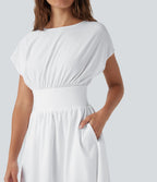 Batwing Short Sleeve Flowy Quick Dry Mini Work Dress with Side Pockets — White — view 6