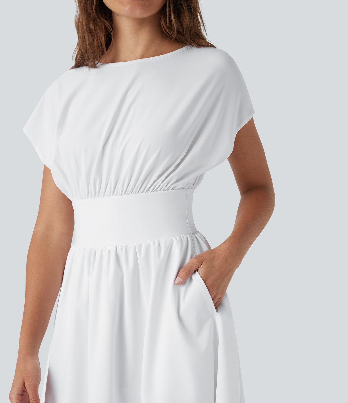 Batwing Short Sleeve Flowy Quick Dry Mini Work Dress with Side Pockets — White — view 6
