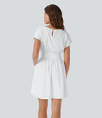 Batwing Short Sleeve Flowy Quick Dry Mini Work Dress with Side Pockets — White — view 2