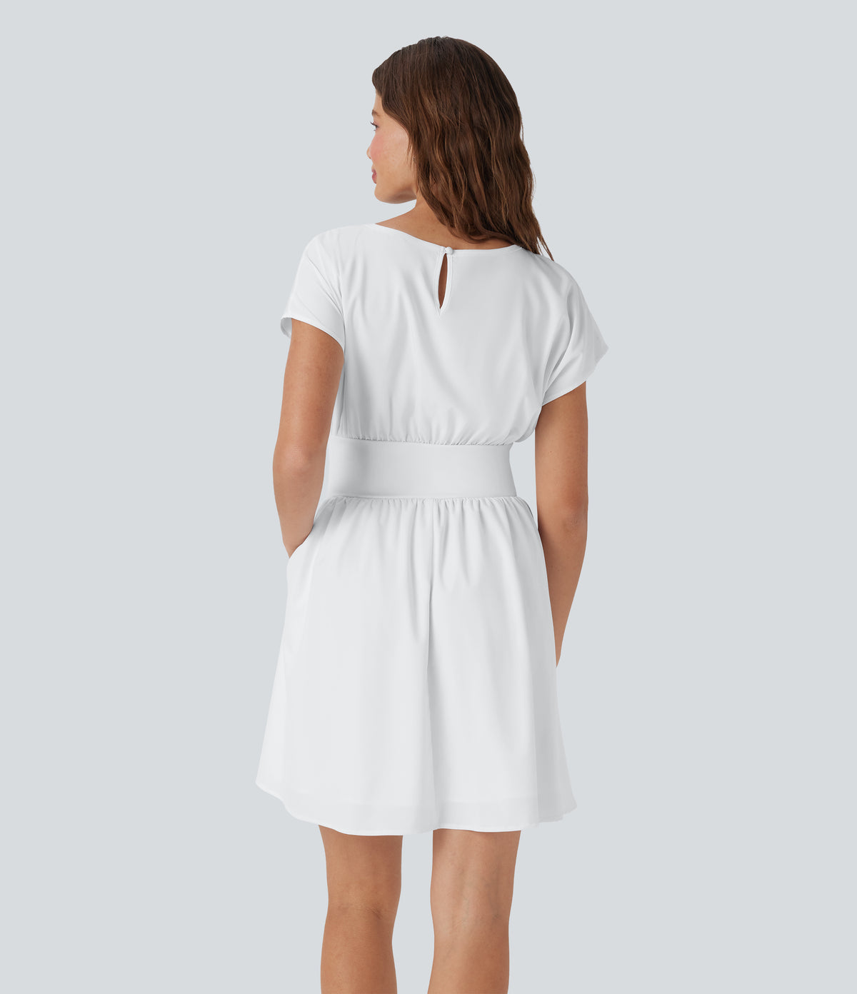Batwing Short Sleeve Flowy Quick Dry Mini Work Dress with Side Pockets — White — view 2