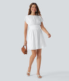 Batwing Short Sleeve Flowy Quick Dry Mini Work Dress with Side Pockets — White — view 7