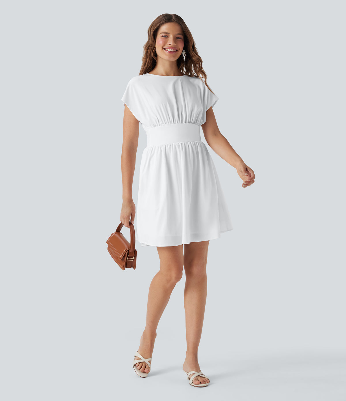 Batwing Short Sleeve Flowy Quick Dry Mini Work Dress with Side Pockets — White — view 7