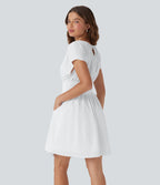Batwing Short Sleeve Flowy Quick Dry Mini Work Dress with Side Pockets — White — view 4